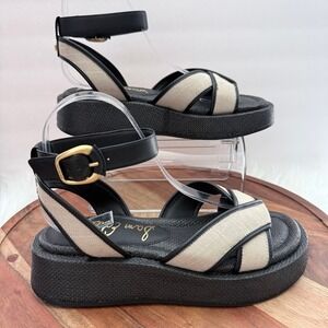 Sam Edelman Kylie Platform Sandals Womens 8M Black Natural Linen Ankle Strap